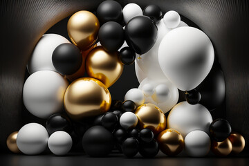 Naturalistic black golden and white Balloons. Illustration AI Generative