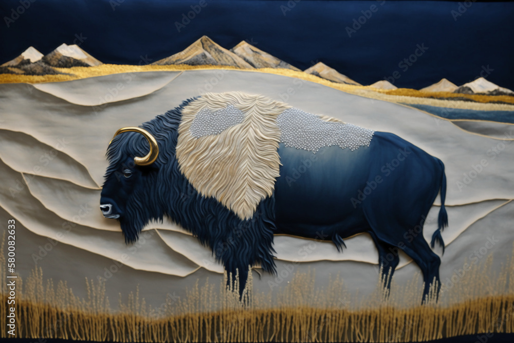 Wall mural plains landscape, white bison, materials: silk, indigo velvet, gold and silver thread generative ai