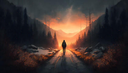 A hiker making their way up the mountain road. Watercolor illustration. Generative AI