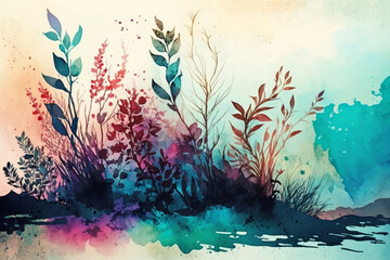 Fototapeta na wymiar hand painted watercolor nature background. Illustration AI Generative