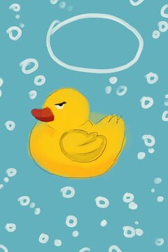 Cute funny yellow rubber duck illustration on blue background