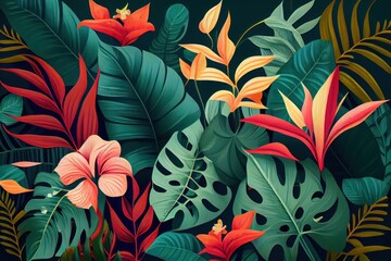 Tropical leaves and flowers pattern on a green background. Generative AI