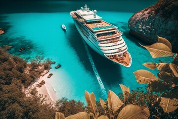 Experience an epic tropical cruise in a turquoise sea with stunningly hyper-detailed visuals thanks to Unreal Engine 5, ultra-wide angle, and depth of field! , Generative ai - obrazy, fototapety, plakaty