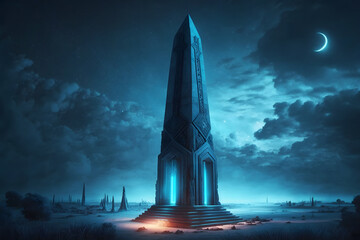 Futuristic fantasy ancient obelisk of fairytale civilization. Neural network AI generated art - obrazy, fototapety, plakaty
