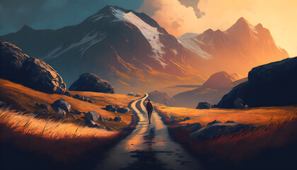A hiker making their way up the mountain road. Watercolor illustration. Generative AI