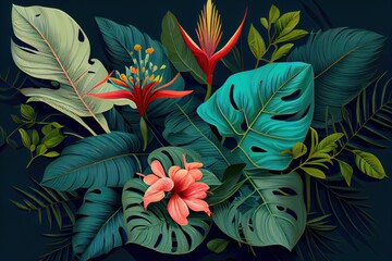 Tropical leaves and flowers pattern on a green background. Generative AI