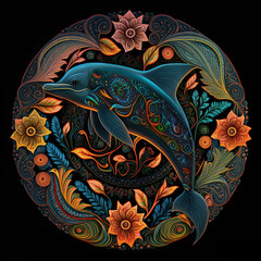 Colorful detailed dolphin mandala art on a black background. Created with Generative AI technology.