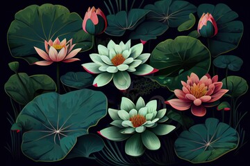 A pattern of water lilies on a green background. Generative AI