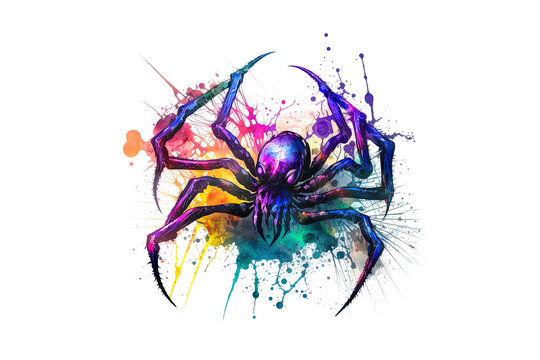spider painted with multi-colored watercolors isolated on a white background. Generated by AI