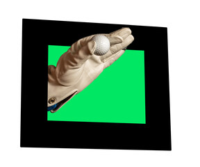 Hand in white leather glove holding a golf ball, framed by a black frame.  Isolated on white.