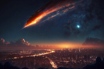A meteorite is flying towards the city in the night sky. The fiery tail. generative ai