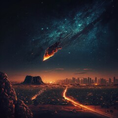 A meteorite is flying towards the city in the night sky. The fiery tail. generative ai