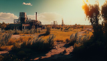 sunset over the abandoned industrial zone, generative ai