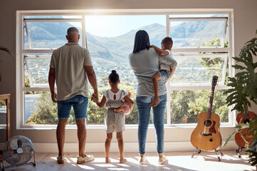 Family, love and window back view in home looking at mountain. Support, trust and baby, mother and...