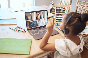 Video call, online education and child with teacher for math, numbers and school teaching, learning...