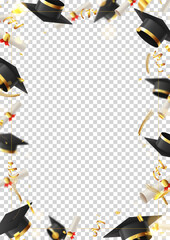 Decorative poster for graduation. 3d falling graduation scrolls and caps, golden confetti and serpentine, frame on checkered background. Vector illustration for decoration social media, banners.