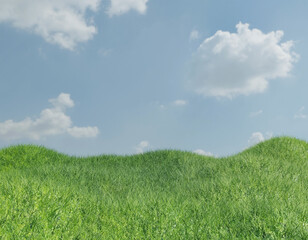 Marble Podium and grass. Marble podium backdrop with grass field and sky background. White Showcase on Green Grass. Abstract shapes. Empty Space. Green grass field with podium. 3D Rendering