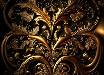 A golden foliage ornament on a dark brown background. A Baroque style. Created with Generative AI.