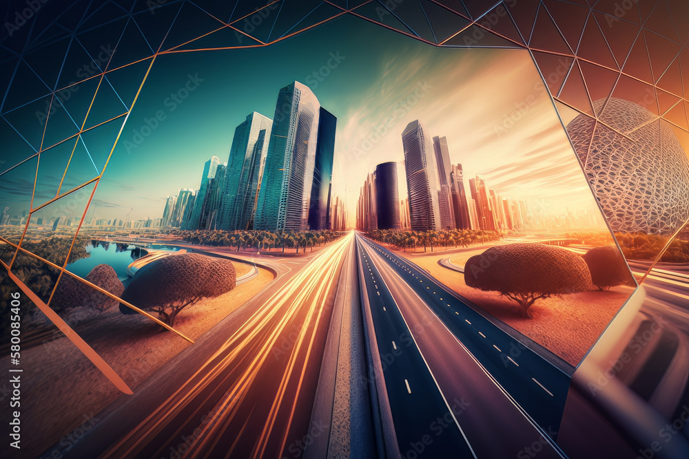 Poster smart city and polygon pattern connection with speed line. illustration ai generative