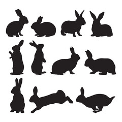 Group of rabbits set silhouette vector.