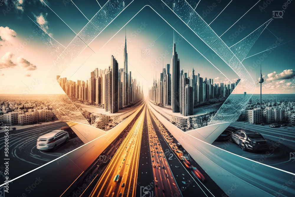 Poster smart city and polygon pattern connection with speed line. illustration ai generative