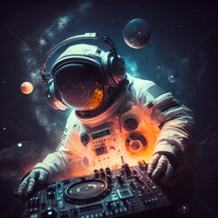 Fototapeta na wymiar DJ in space planets in back ground