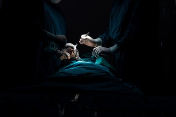 Surgical team performing surgery to patient in sterile operating room. In a surgery room lit by a lamp, a professional and confident surgical team provides medical care to an unconscious patient.