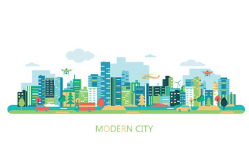 Vector poster with modern city view. Smart city.