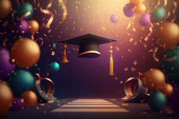 Festive graduation celebration party with balloons. Illustration AI Generative