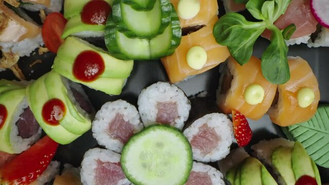 Extreme cloe-up shot of a professional chef hand decorating sushi with cucumber piece on tray and wooden board ready to be eaten. Slow-motion shot
