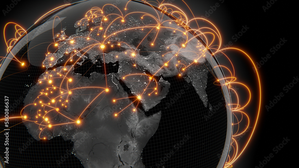 Wall mural globalization and communication concept. earth and luminous rays. 3d rendering