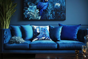 Cobald blue colored sofa with cushions. Interior design illustration of a couch reated using generative AI tools.