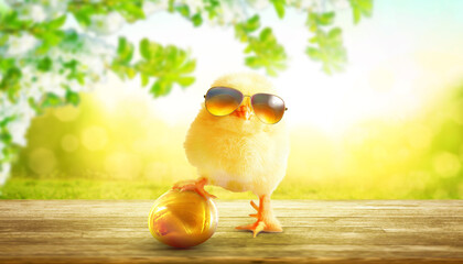 Funny cute baby chick with sunglasses and egg. - 580086876