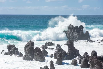 Papier Peint photo Lavable les îles Canaries Powerful waves against the sea stacks of Lanzarote island, Atlantic Ocean, Canary Islands in Spain