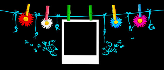 Flowers and polaroid frame with word spring. Creative floral composition.