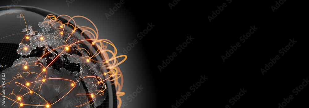 Wall mural globalization and communication concept. earth and luminous rays. 3d rendering