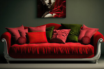 Crimson red colored sofa with cushions. Interior design illustration of a couch reated using generative AI tools.