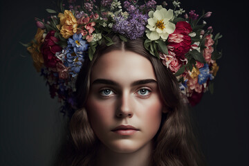 Naklejka premium Portrait of a beautiful young woman with wreath of flowers on her head, woman with flowers on head, summer and female beauty concept, beautiful curly hair, generative ai