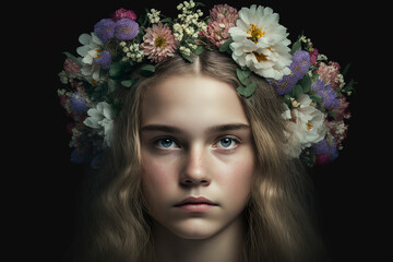 Naklejka premium Portrait of a beautiful girl with wreath of flowers on her head, girl with flowers on head, summer and female beauty concept, beautiful curly hair, generative ai