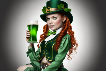 St Patrick's Day Girl | Girl in leprechaun suit with beer. Isolated. Ai