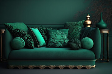 Dark Green colored sofa with cushions. Interior design illustration of a couch reated using generative AI tools.