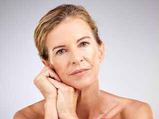 Skincare, beauty and cosmetics for senior woman with dermatology, antiaging and wellness routine...