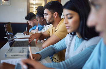 Students, diversity and laptop books in classroom, lesson and library study for education, research...