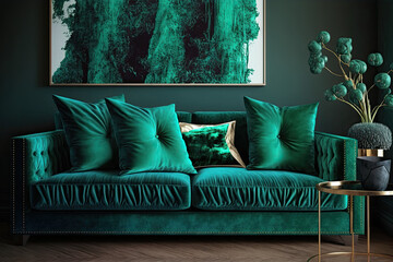 Emerald green colored sofa with cushions. Interior design illustration of a couch reated using generative AI tools.