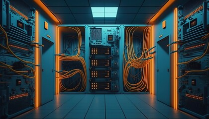 Data center, server room, network operations center, future computing, racks of computers. Big data technology. Generative AI.