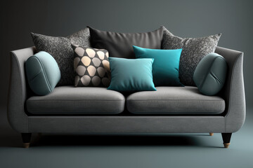Grey colored sofa with cushions. Interior design illustration of a couch reated using generative AI tools.