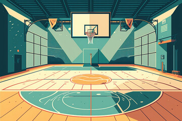 a basketball court with a goal in the middle of it, concept cartoon illustration 