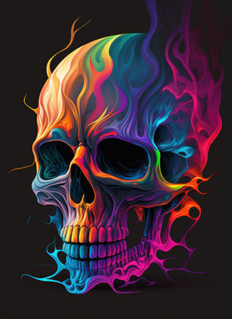 a colorful skull on a black background, fantasy abstract art illustration 