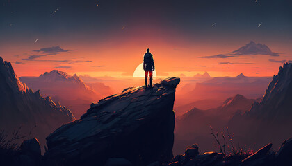 a person standing on top of a mountain at sunset, travel, art illustration 