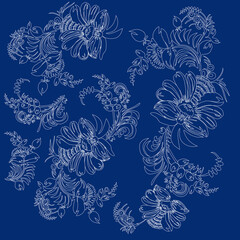 Traditional Ukrainian painting of Petrikovka. Elements of a white line of a floral ornament on a dark blue one. Decorative composition.